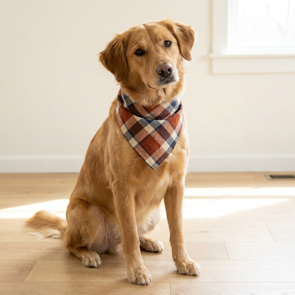 Golden retriever wearing the autumn plaid flannel dog bandana in a bright living room