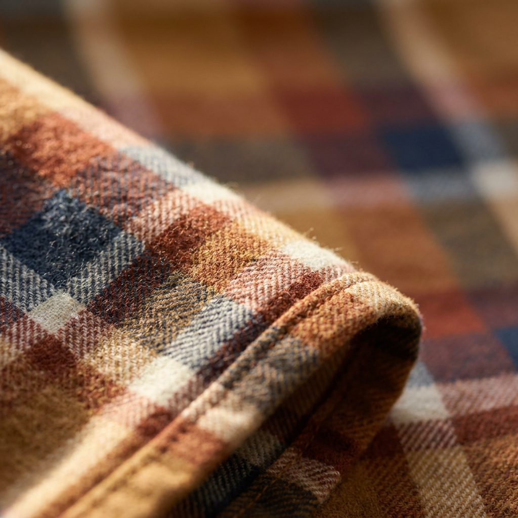 Close-up of the brushed cotton flannel weave and stitched hem of the autumn plaid dog bandana