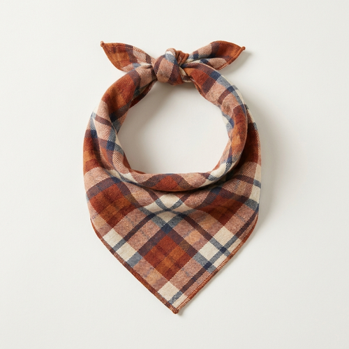 Autumn plaid flannel dog bandana in rust, cream and navy check, tied in a triangle knot on a plain background