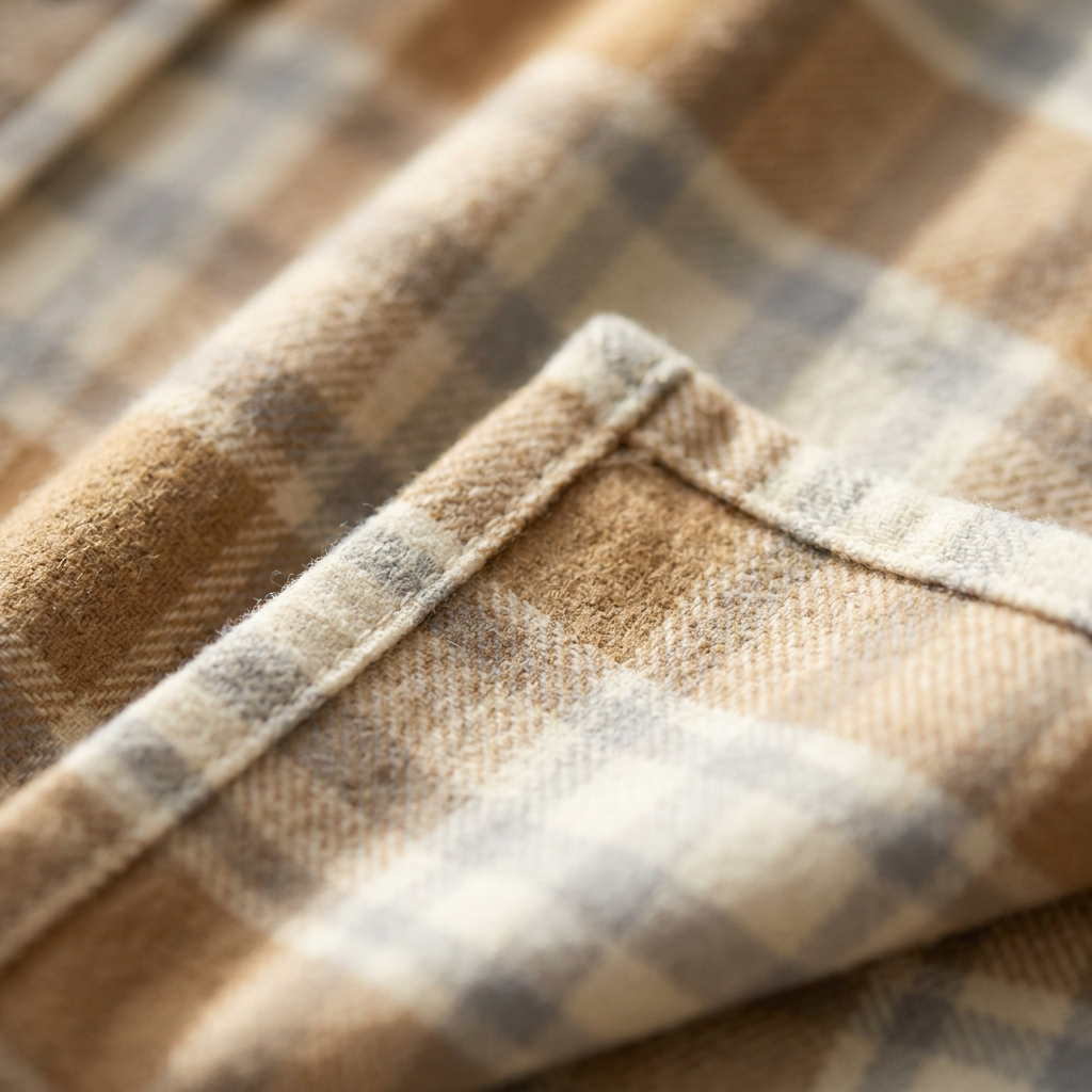 Close-up of the heritage tan plaid brushed flannel weave and stitched hem