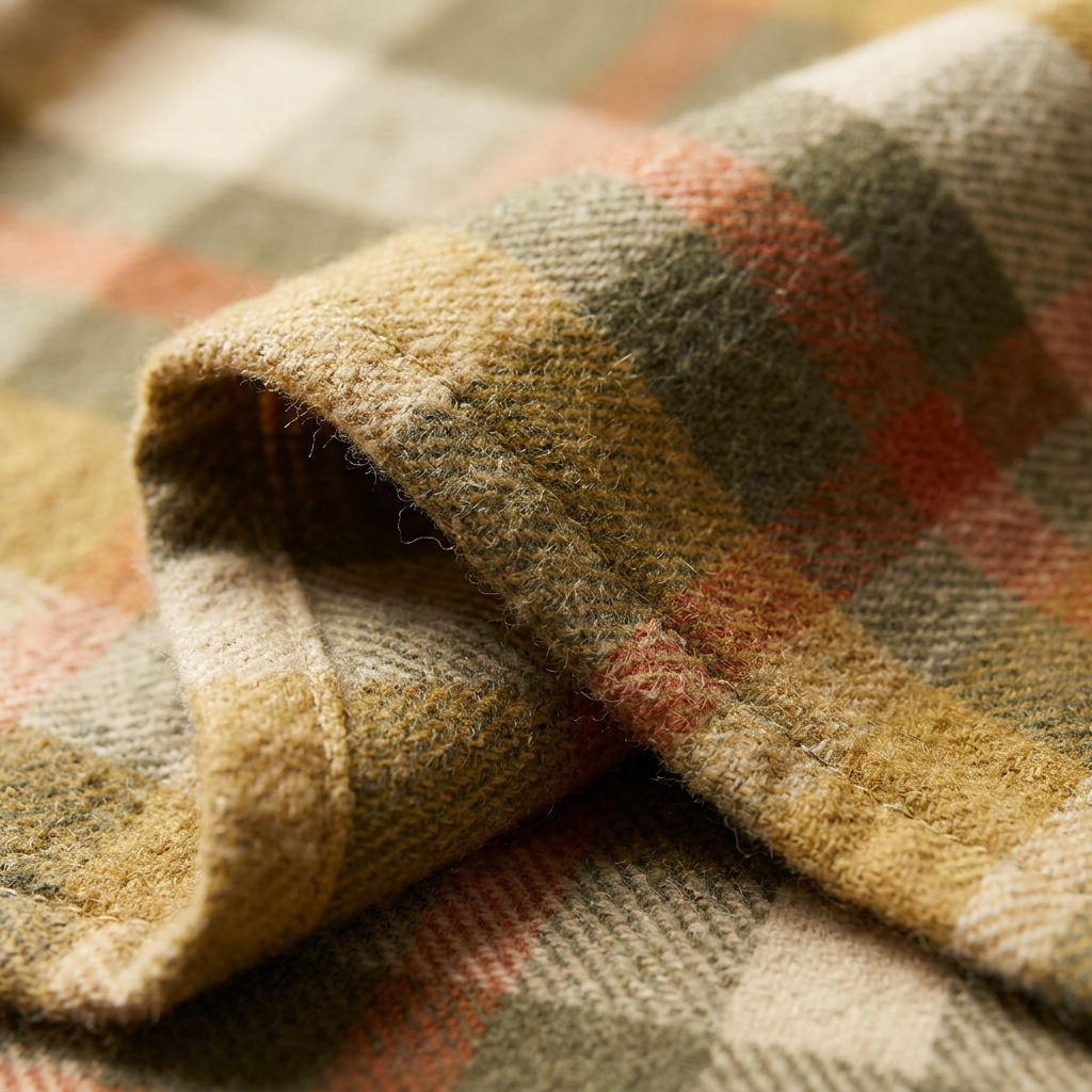 Close-up of the harvest plaid brushed flannel weave and stitched hem