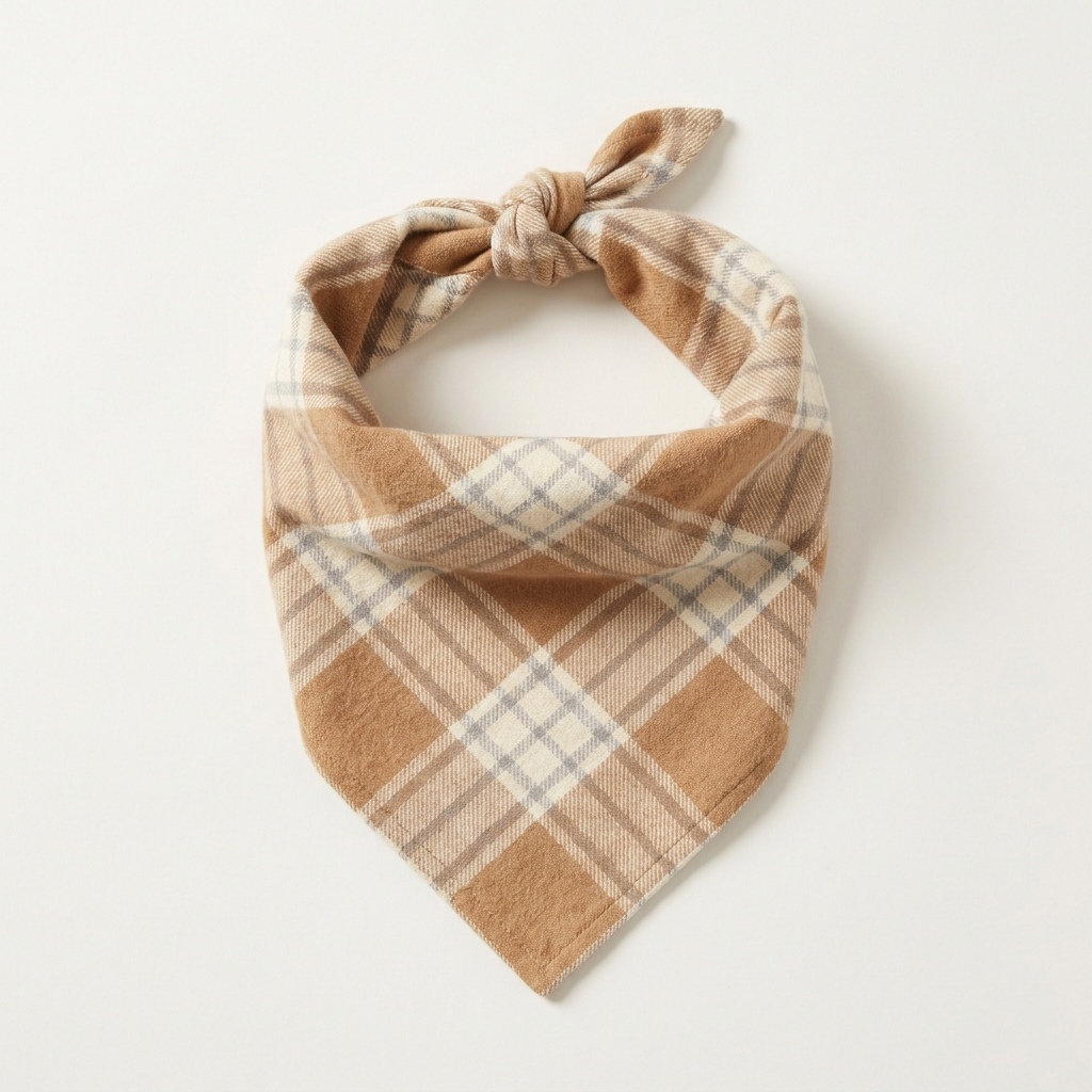 Heritage tan plaid flannel dog bandana in tan, cream and grey check, tied in a triangle knot