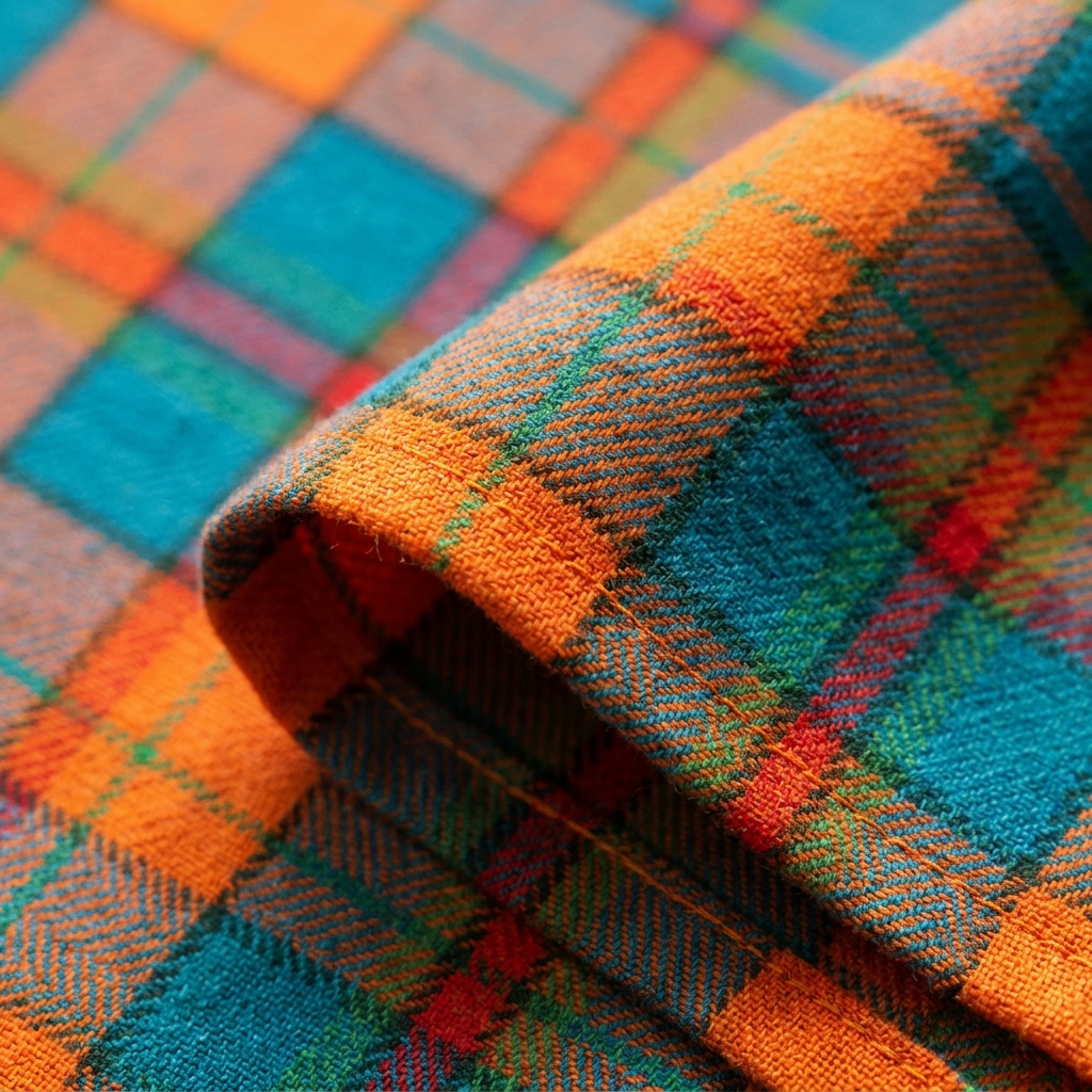 Close-up of the bright highland tartan weave and stitched hem