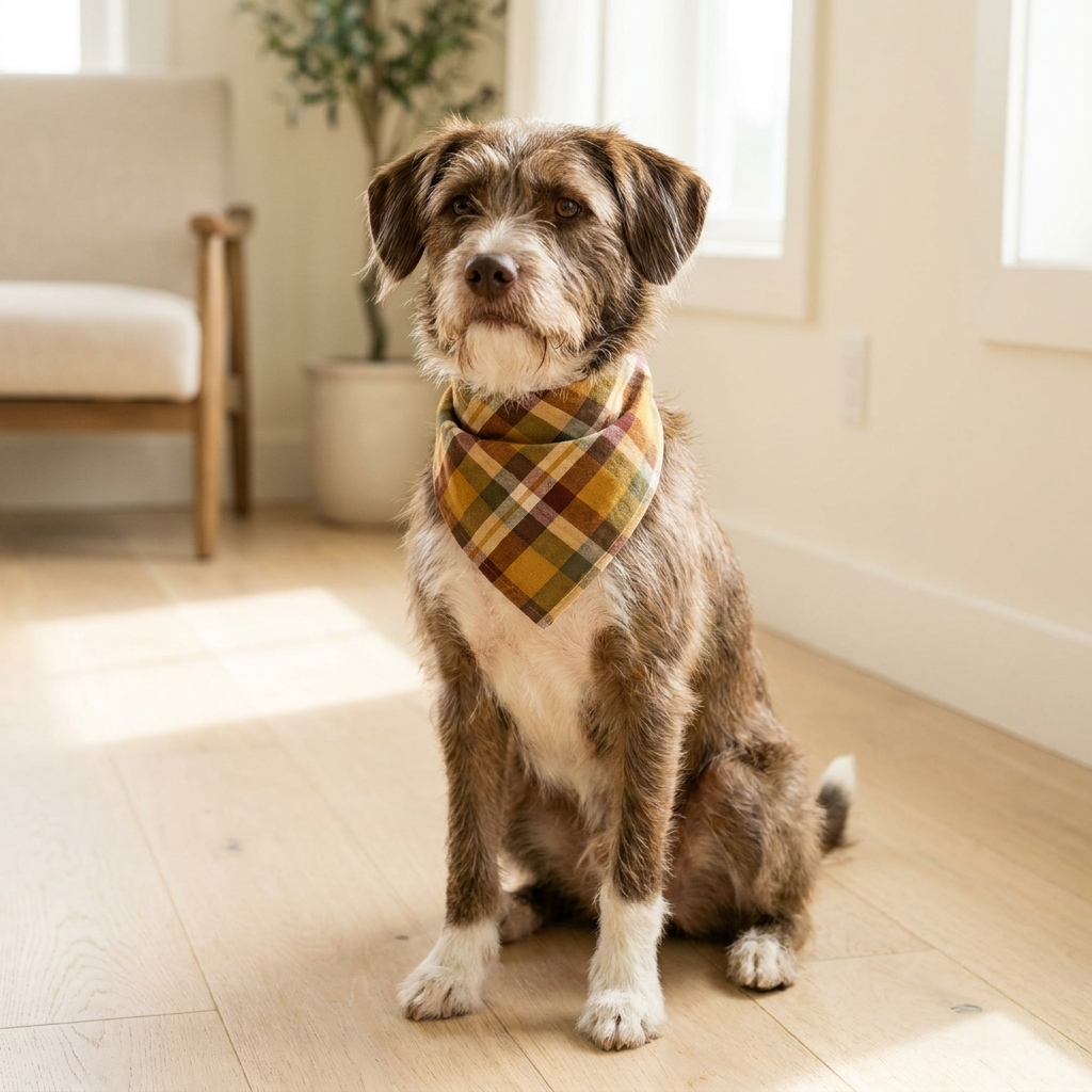 Dog wearing the harvest plaid flannel bandana in a bright room