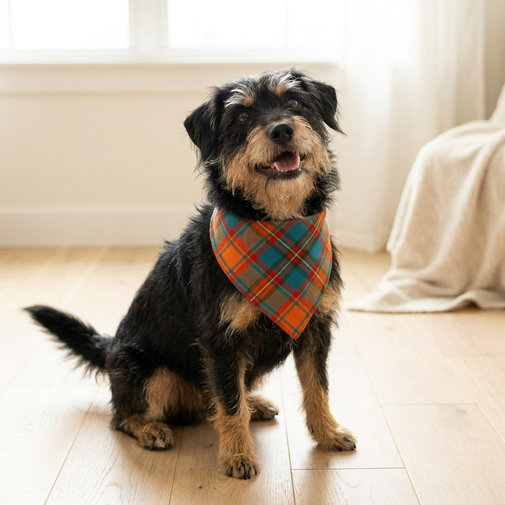 Black and tan dog wearing the highland plaid tartan bandana
