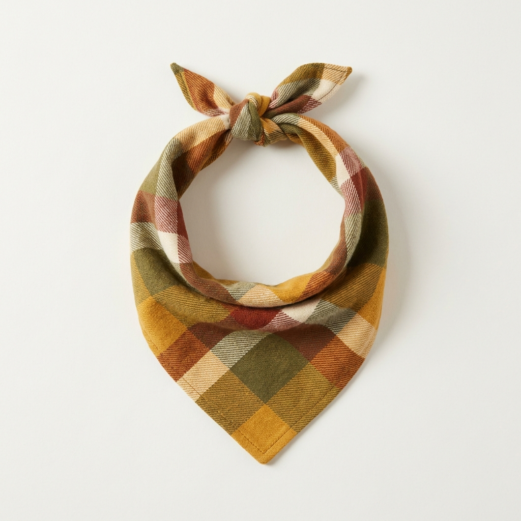 Harvest plaid flannel dog bandana in gold, olive and rust check, tied in a triangle knot on a plain background