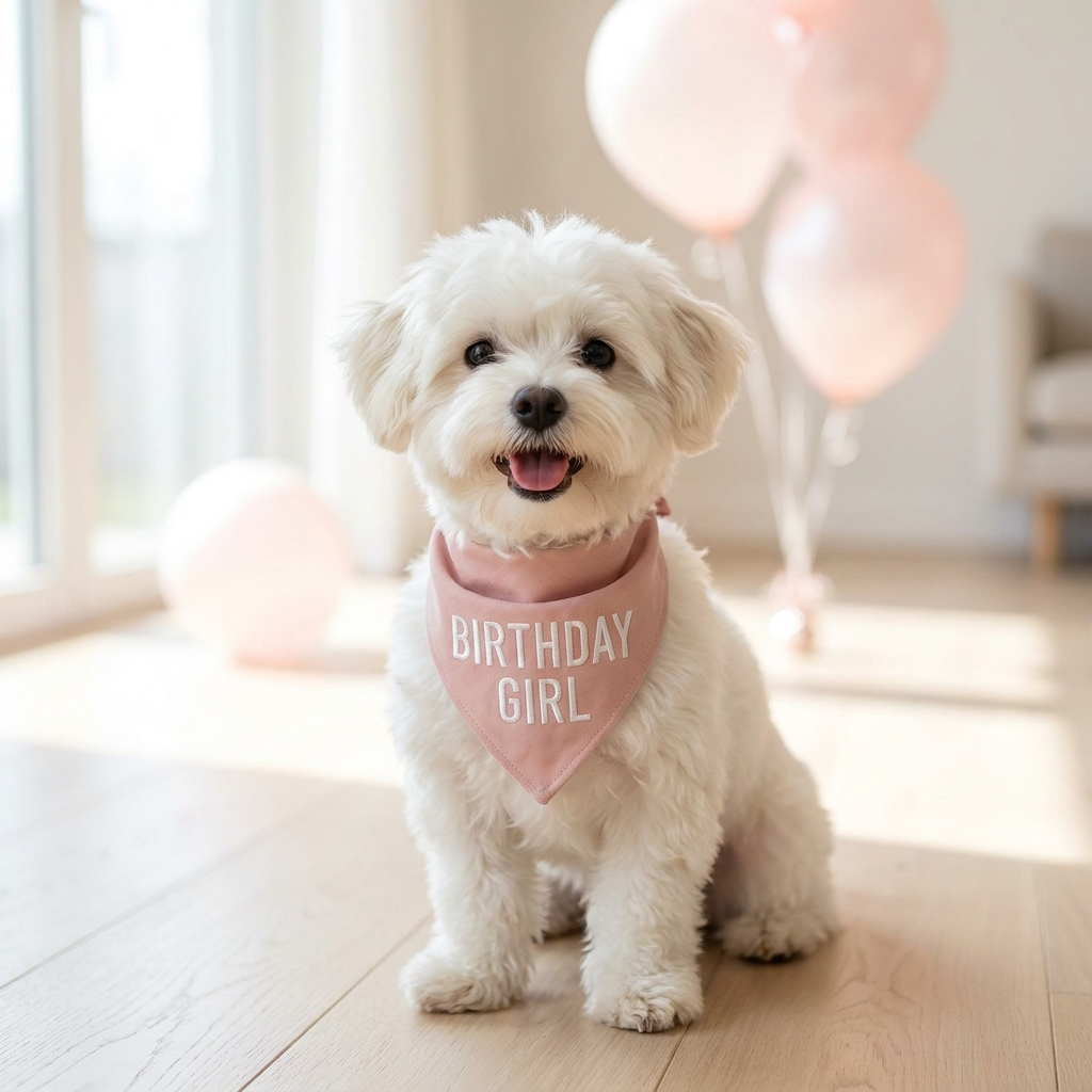 Small white dog wearing the Birthday Girl embroidered bandana with balloons behind