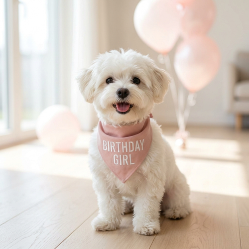 Small white dog wearing the Birthday Girl embroidered bandana with balloons behind