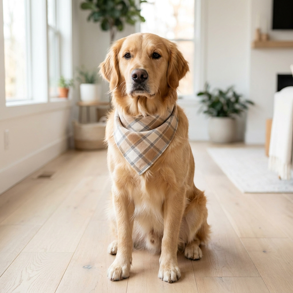 Cream-coloured retriever wearing the heritage tan plaid flannel bandana