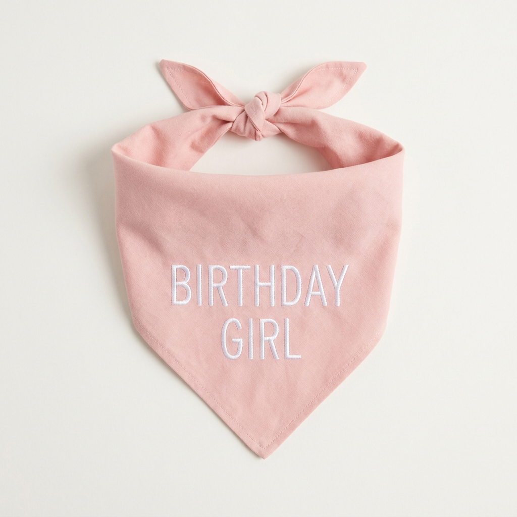 Blush pink dog bandana embroidered Birthday Girl in white thread, tied in a triangle knot