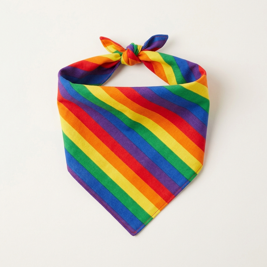 Rainbow striped dog bandana tied in a triangle knot on a plain background