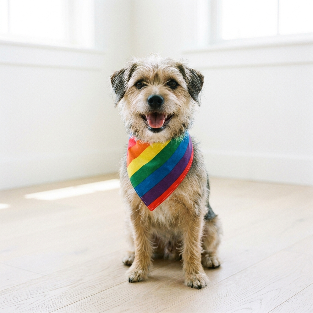 Small dog wearing the rainbow striped bandana in a bright room