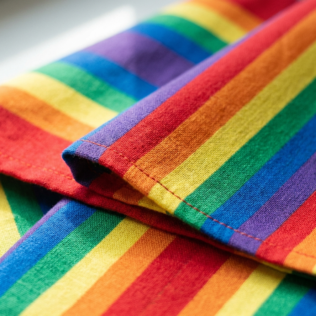 Close-up of the rainbow striped cotton weave and stitched hem