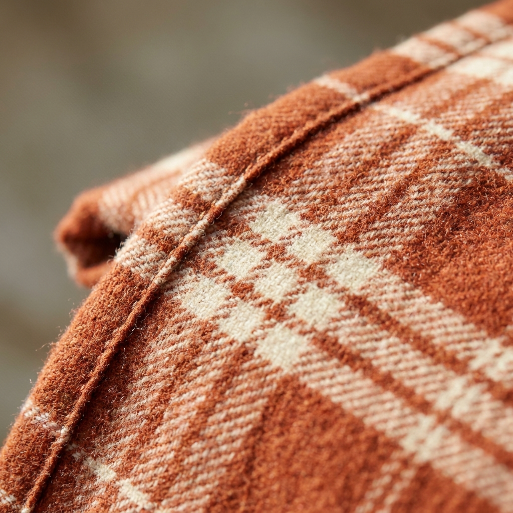 Close-up of the spiced orange plaid brushed flannel weave and stitched hem