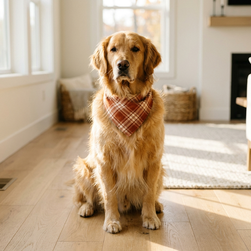 Golden dog wearing the spiced orange plaid flannel bandana in warm light