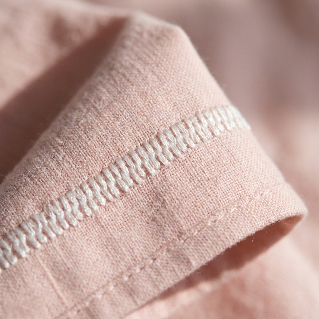 Close-up of white embroidery stitching on blush pink cotton