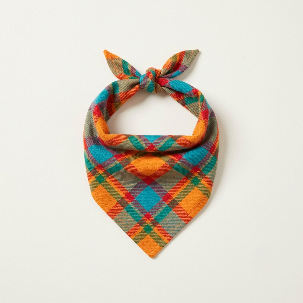 Highland plaid dog bandana in bright orange, teal, red and green tartan, tied in a triangle knot