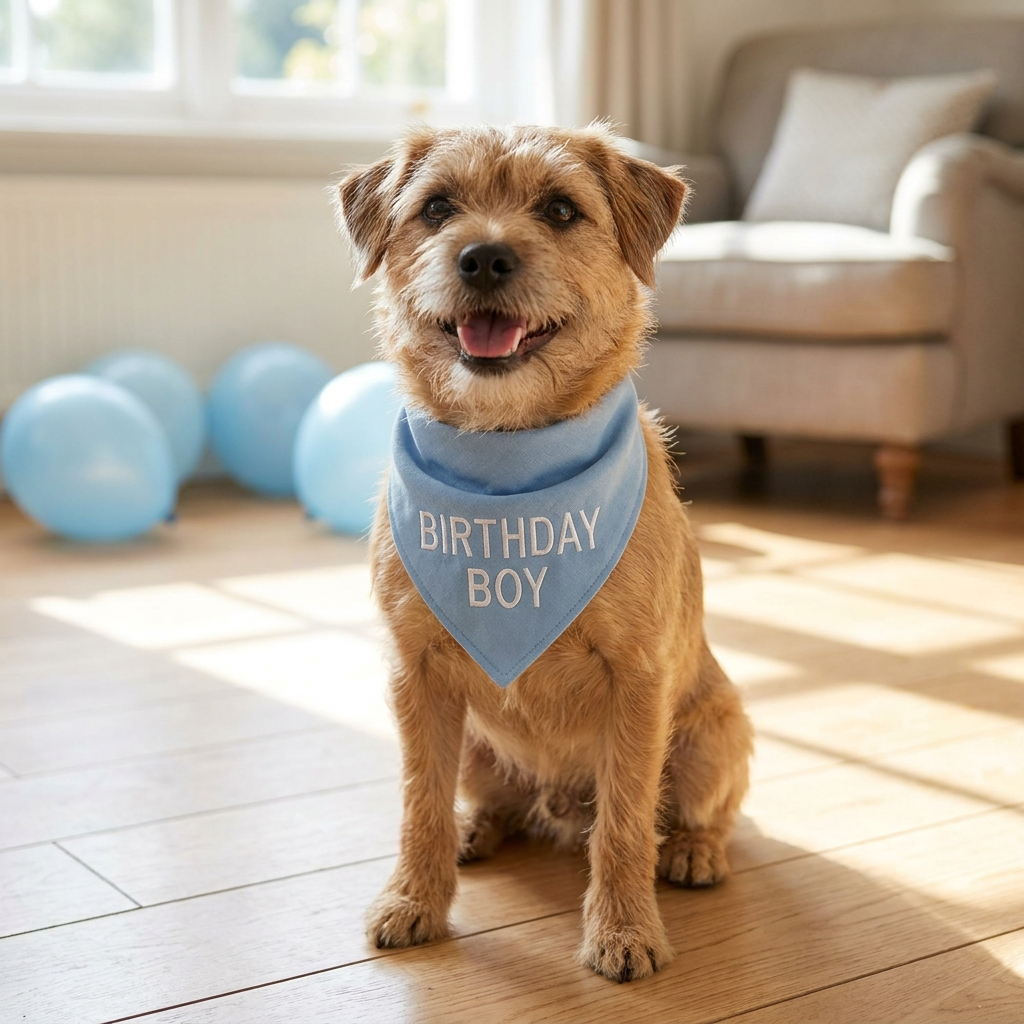Tan terrier wearing the Birthday Boy embroidered bandana with balloons behind