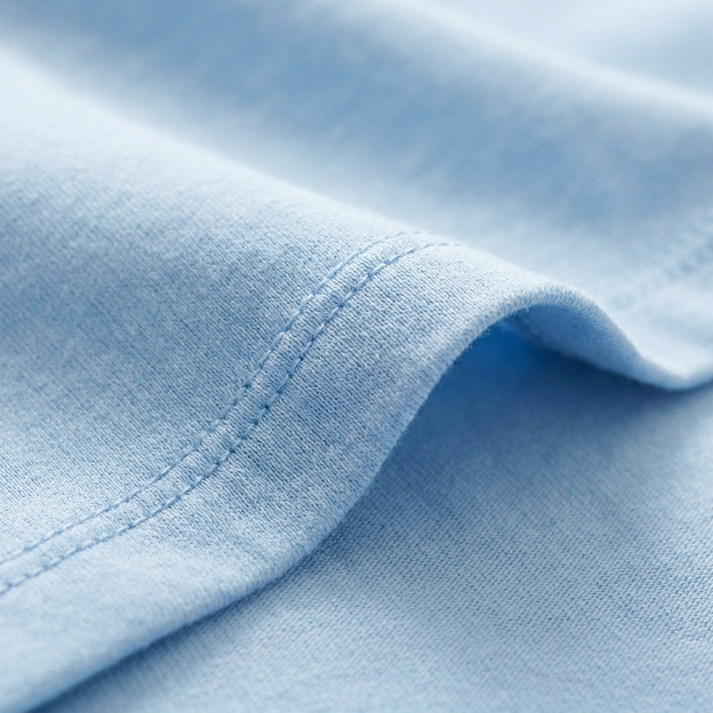 Close-up of soft powder blue cotton and its stitched hem